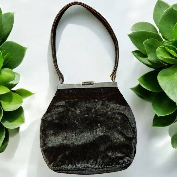 Vintage Furla Black/Dark Green Velvet w/Orange undertone made in Italy Hand Bag. - Picture 2 of 16